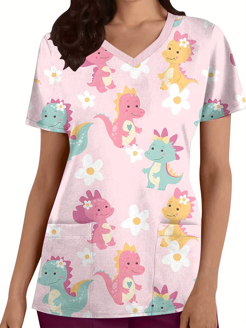 Mini Trampoline Spring - Surgical Uniforms Woman Dinosaur Cartoon Print